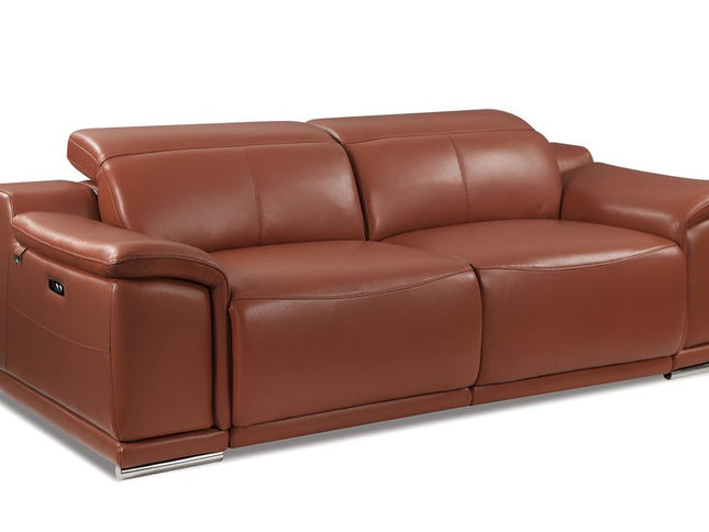 86" Camel Italian Leather USB Reclining Sofa With Silver Legs