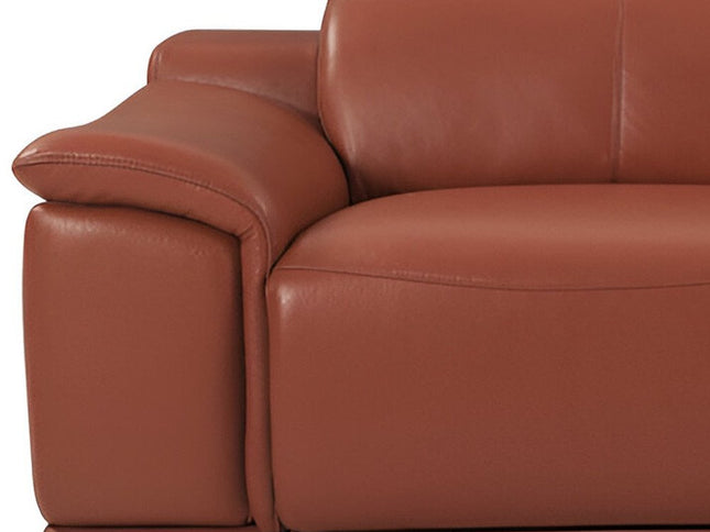 86" Camel Italian Leather USB Reclining Sofa With Silver Legs