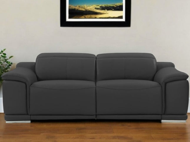 86" Dark Gray Italian Leather USB Reclining Sofa With Silver Legs