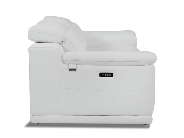 86" White Italian Leather USB Reclining Sofa With Silver Legs