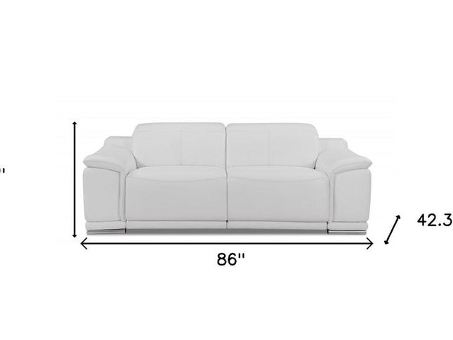 86" White Italian Leather USB Reclining Sofa With Silver Legs