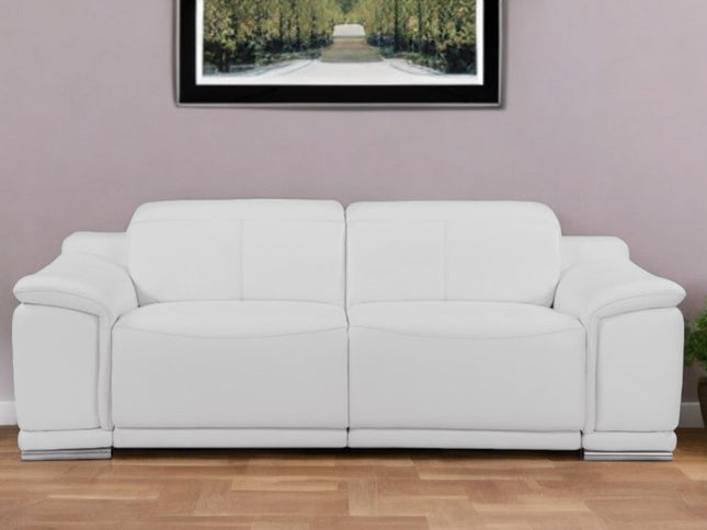 86" White Italian Leather USB Reclining Sofa With Silver Legs