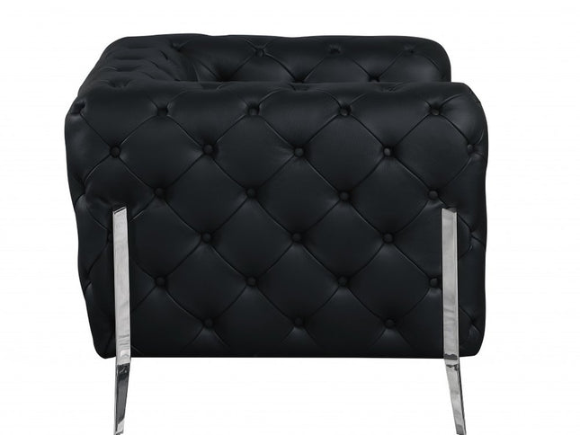 93" Black Italian Leather Chesterfield Sofa With Silver Legs