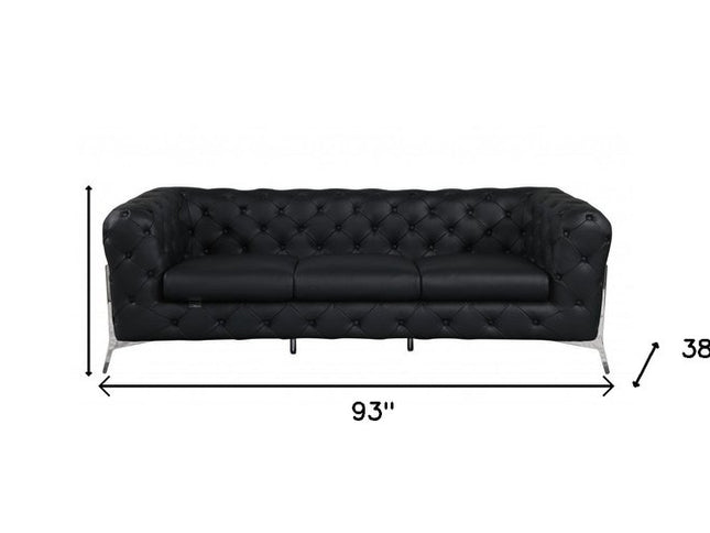 93" Black Italian Leather Chesterfield Sofa With Silver Legs