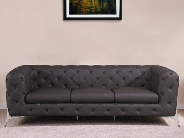 93" Brown Italian Leather Chesterfield Sofa With Silver Legs