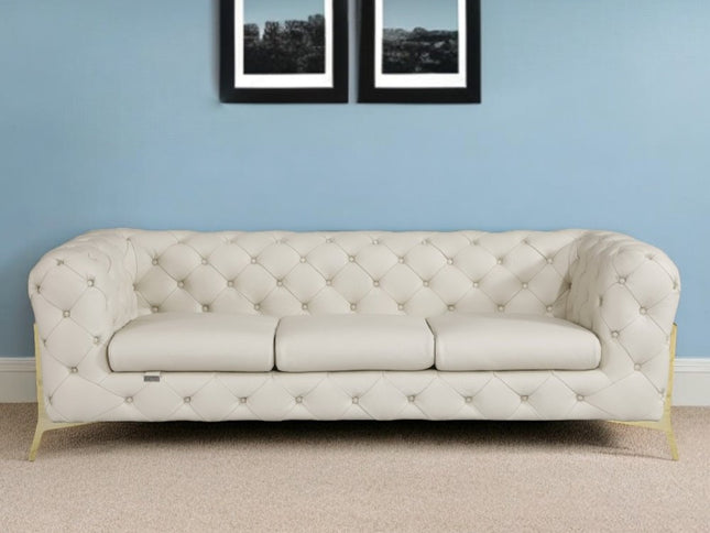93" Beige Italian Leather Chesterfield Sofa With Silver Legs