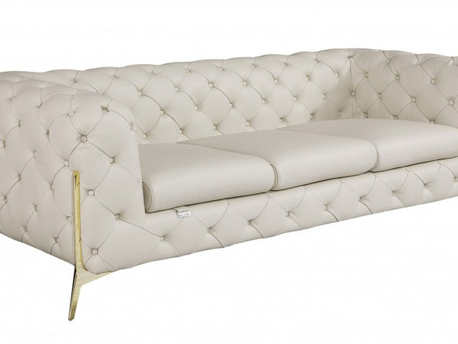 93" Beige Italian Leather Chesterfield Sofa With Silver Legs