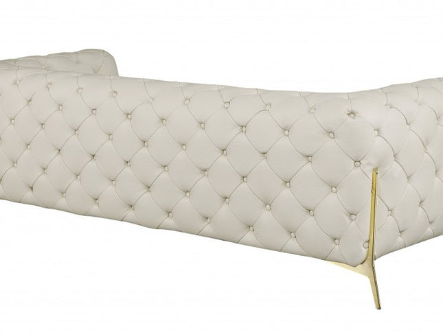 93" Beige Italian Leather Chesterfield Sofa With Silver Legs
