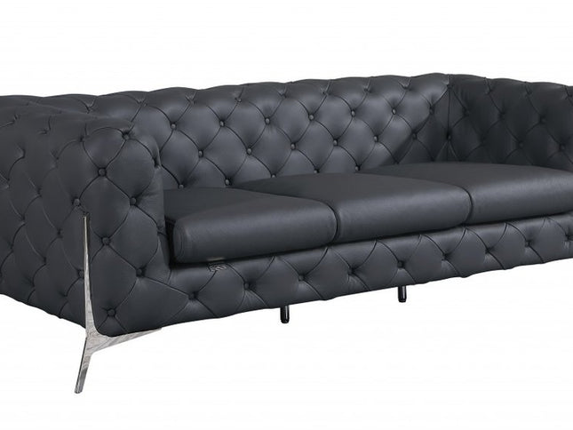 93" Dark Gray Italian Leather Chesterfield Sofa With Silver Legs