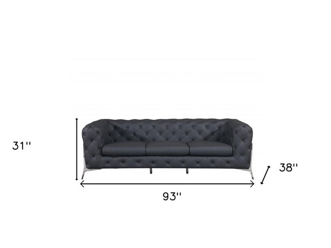93" Dark Gray Italian Leather Chesterfield Sofa With Silver Legs