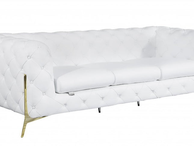 93" White Italian Leather Chesterfield Sofa With Silver Legs