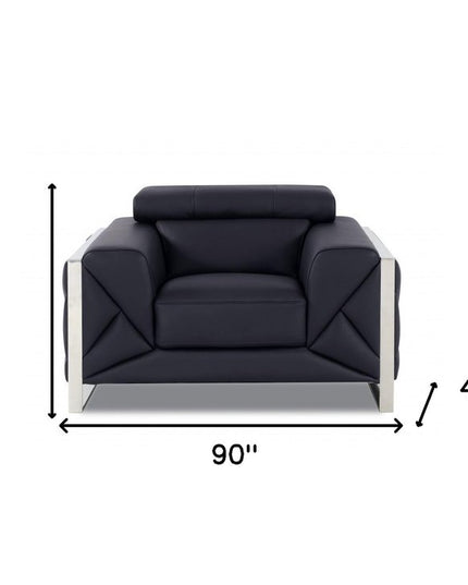 Three Piece Indoor Black Italian Leather Six Person Seating Set