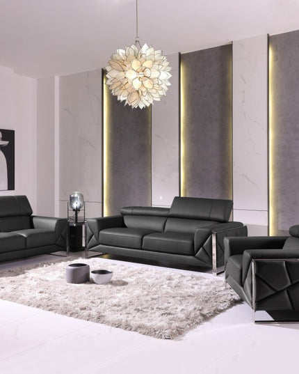 Three Piece Indoor Dark Gray Italian Leather Six Person Seating Set