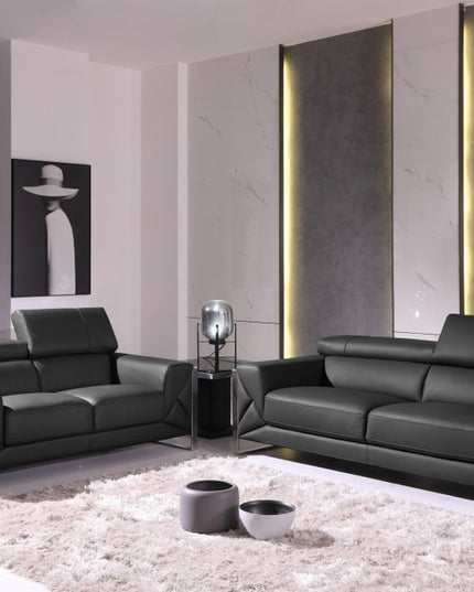 Two Piece Indoor Dark Gray Italian Leather Five Person Seating Set