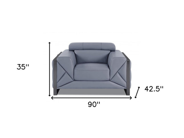 Three Piece Indoor Light Blue Italian Leather Six Person Seating Set