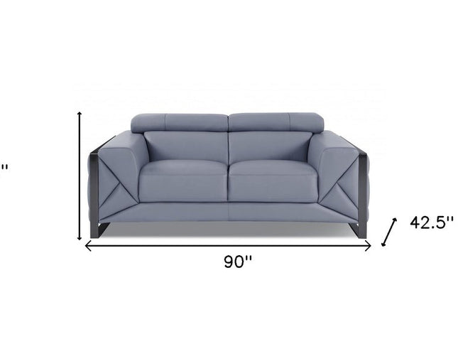 Two Piece Indoor Light Blue Italian Leather Five Person Seating Set