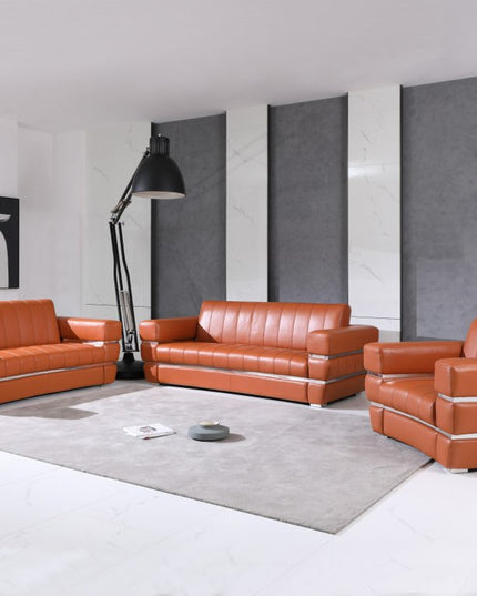 Three Piece Indoor Camel Italian Leather Six Person Seating Set