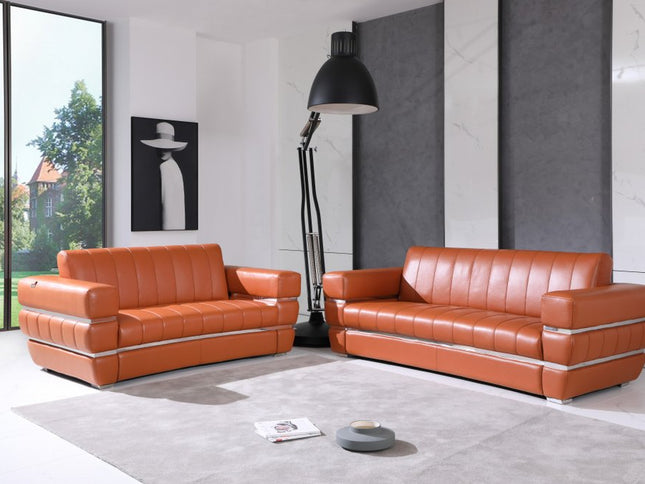 Two Piece Indoor Camel Italian Leather Five Person Seating Set