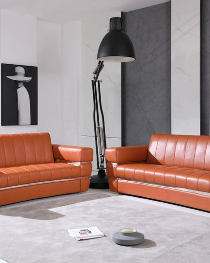 Two Piece Indoor Camel Italian Leather Five Person Seating Set