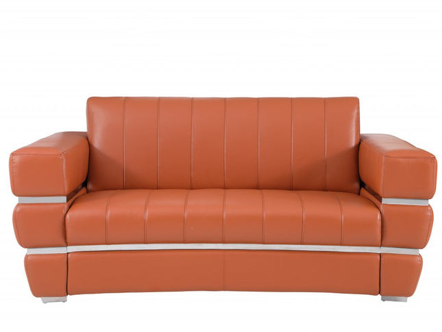 Two Piece Indoor Camel Italian Leather Five Person Seating Set