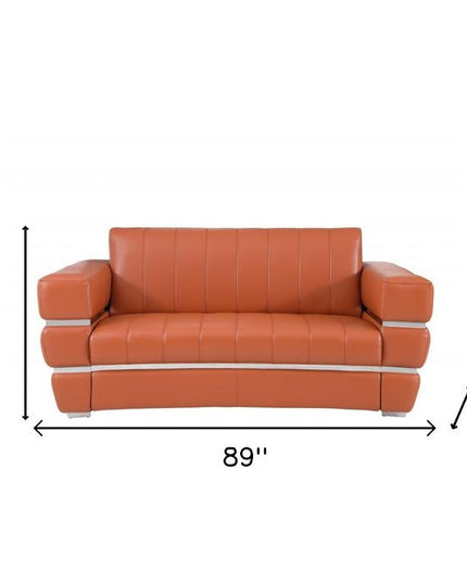 Two Piece Indoor Camel Italian Leather Five Person Seating Set