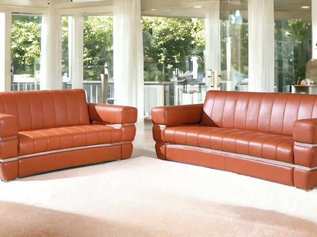 Two Piece Indoor Camel Italian Leather Five Person Seating Set