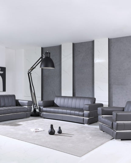 Three Piece Indoor Dark Gray Italian Leather Six Person Seating Set