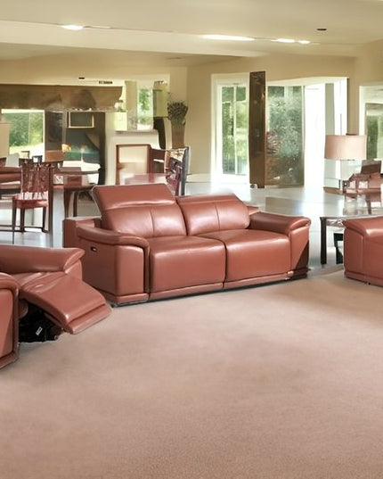 Three Piece Indoor Camel Italian Leather Six Person Seating Set