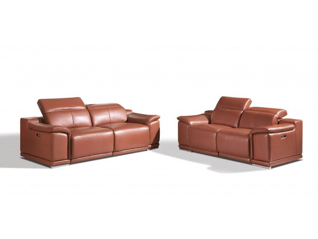 Two Piece Indoor Camel Italian Leather Five Person Seating Set