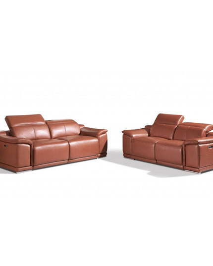 Two Piece Indoor Camel Italian Leather Five Person Seating Set