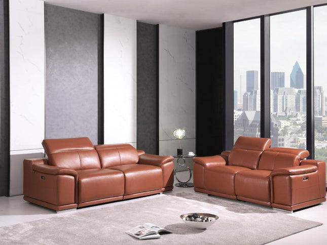Two Piece Indoor Camel Italian Leather Five Person Seating Set