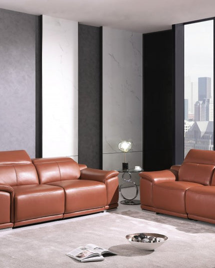 Two Piece Indoor Camel Italian Leather Five Person Seating Set