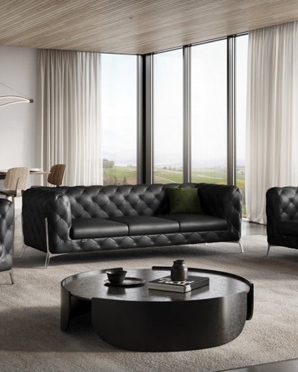 Three Piece Indoor Black Italian Leather Six Person Seating Set