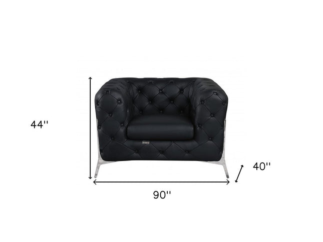 Three Piece Indoor Black Italian Leather Six Person Seating Set