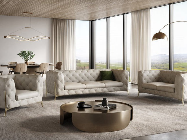 Three Piece Indoor Beige Italian Leather Six Person Seating Set