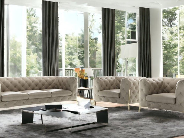 Three Piece Indoor Beige Italian Leather Five Person Seating Set