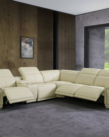 Beige Italian Leather Power Reclining U Shaped Six Piece Corner Sectional With Console