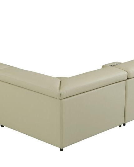 Beige Italian Leather Power Reclining U Shaped Six Piece Corner Sectional With Console