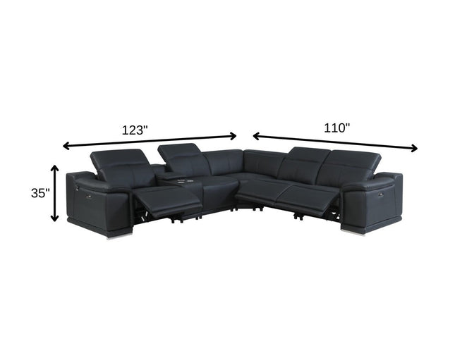 Black Italian Leather Power Reclining U Shaped Six Piece Corner Sectional With Console