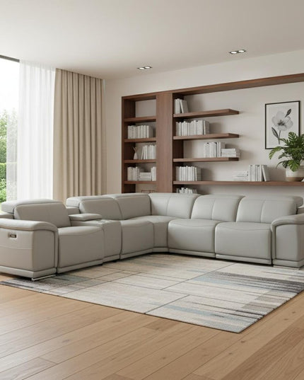 Light Gray Italian Leather Power Reclining U Shaped Six Piece Corner Sectional With Console