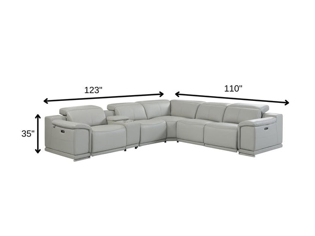 Light Gray Italian Leather Power Reclining U Shaped Six Piece Corner Sectional With Console
