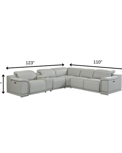 Light Gray Italian Leather Power Reclining U Shaped Six Piece Corner Sectional With Console