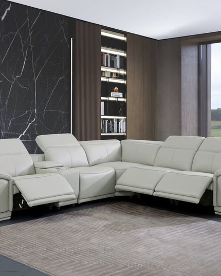 Light Gray Italian Leather Power Reclining U Shaped Six Piece Corner Sectional With Console