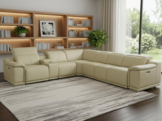 Beige Italian Leather Power Reclining U Shaped Seven Piece Corner Sectional With Console