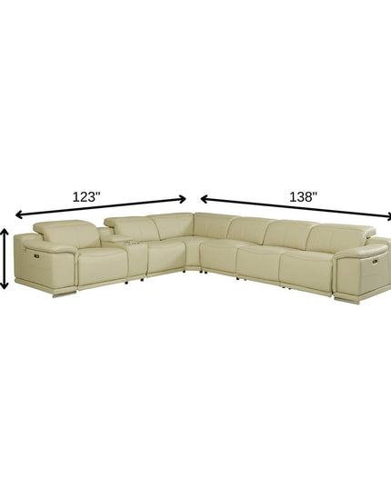 Beige Italian Leather Power Reclining U Shaped Seven Piece Corner Sectional With Console