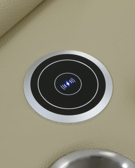 Beige Italian Leather Power Reclining U Shaped Seven Piece Corner Sectional With Console