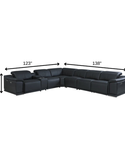 Black Italian Leather Power Reclining U Shaped Seven Piece Corner Sectional With Console