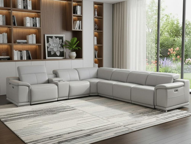 Light Gray Italian Leather Power Reclining U Shaped Seven Piece Corner Sectional With Console