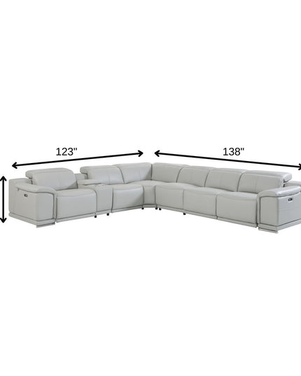 Light Gray Italian Leather Power Reclining U Shaped Seven Piece Corner Sectional With Console