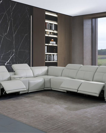 Light Gray Italian Leather Power Reclining U Shaped Seven Piece Corner Sectional With Console